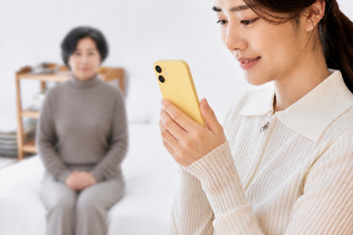 보호자가 휴대폰으로 오늘의 돌봄 일지를 확인하고 있고 뒤에 어르신이 앉아 있다
