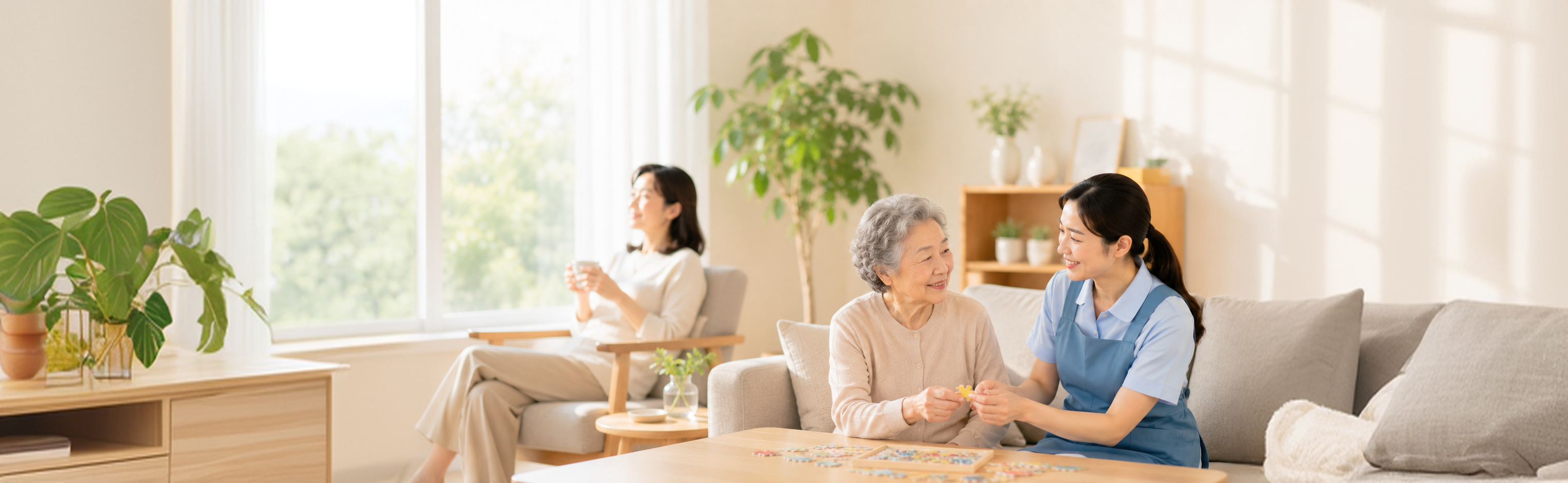 집에서 치매 어르신을 돌보는 요양보호사와 잠시 휴식을 얻은 가족